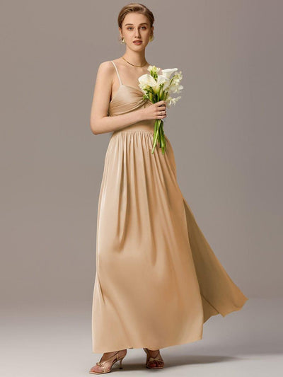 Satin Pleated Backless Sleeveless Maxi Bridesmaid Dress #color_Champagne