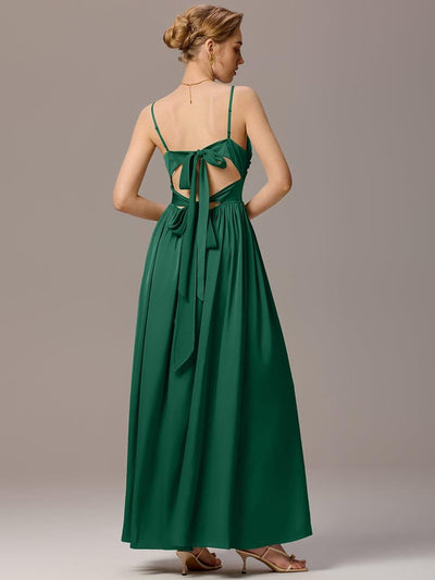 Satin Pleated Backless Sleeveless Maxi Bridesmaid Dress #color_Dark Green