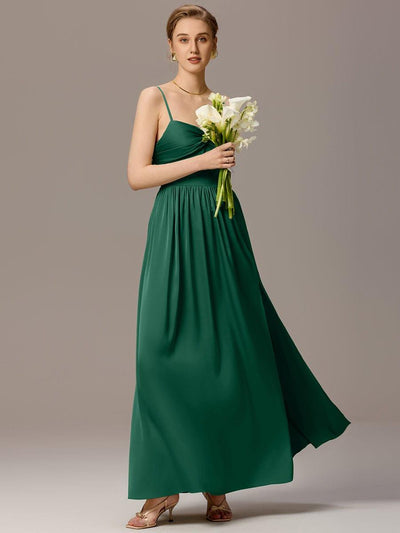Satin Pleated Backless Sleeveless Maxi Bridesmaid Dress #color_Dark Green