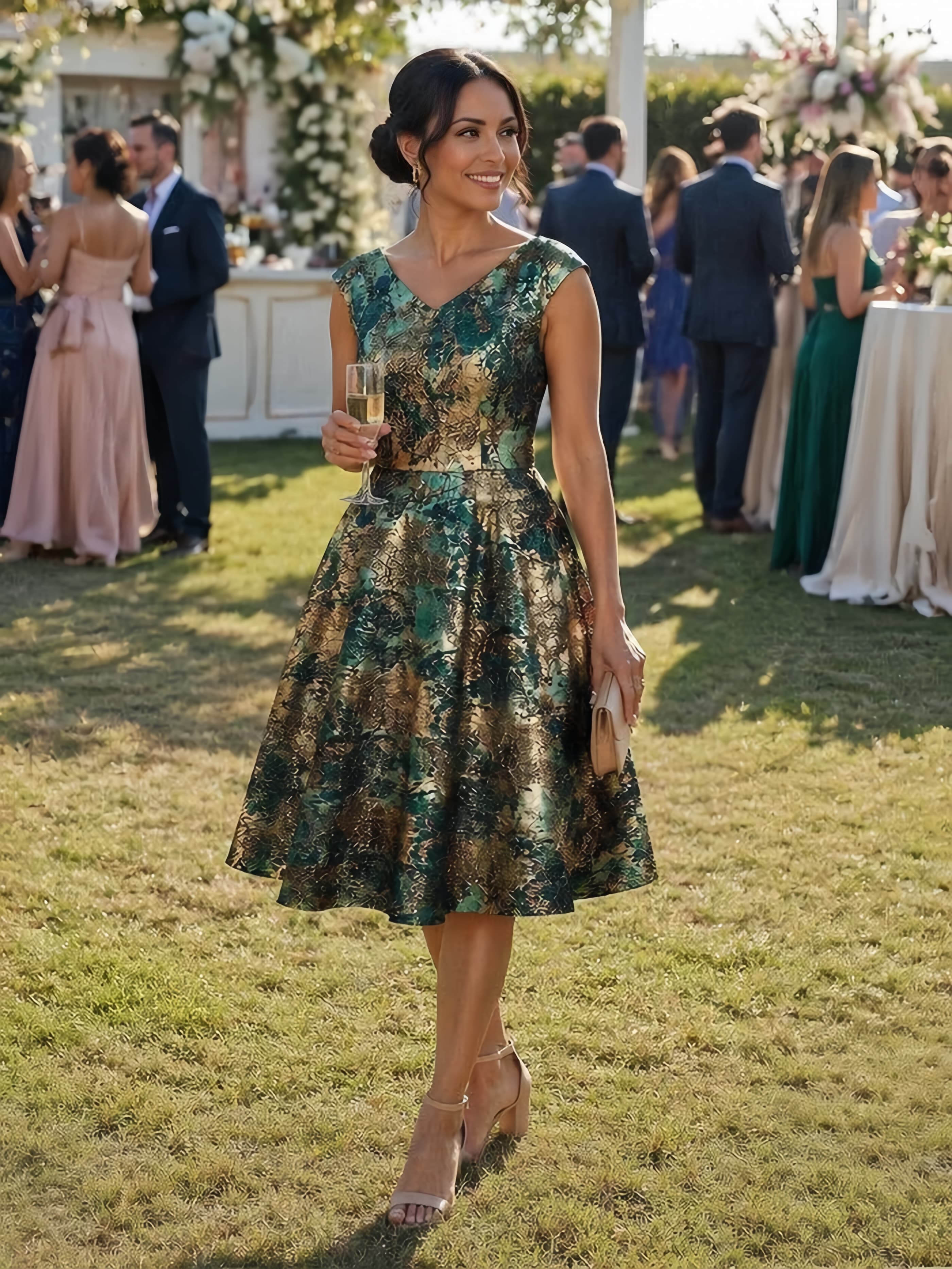 Knotted Jacquard Cape Sleeve Dress #color_Dark Green/Gold