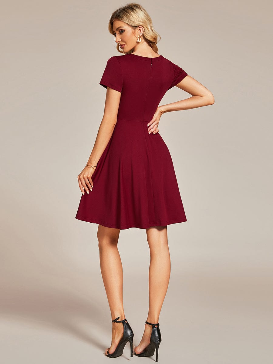 Rhinestone Neckline Short Sleeves A-Line Mini Graduation Dresses #color_Burgundy