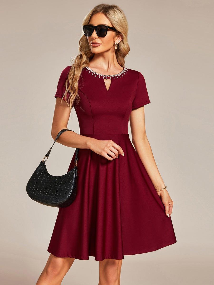 Rhinestone Neckline Short Sleeves A-Line Mini Graduation Dresses #color_Burgundy