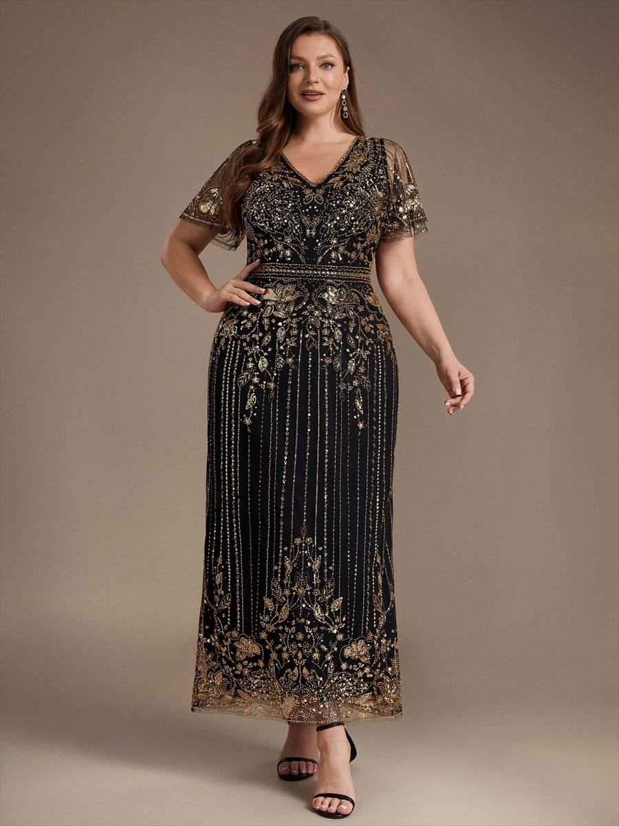 Tulle Maxi Length V-neckline Sheath Ruffle Sleeve Back zipper High Stretch Dress #color_Black & Gold