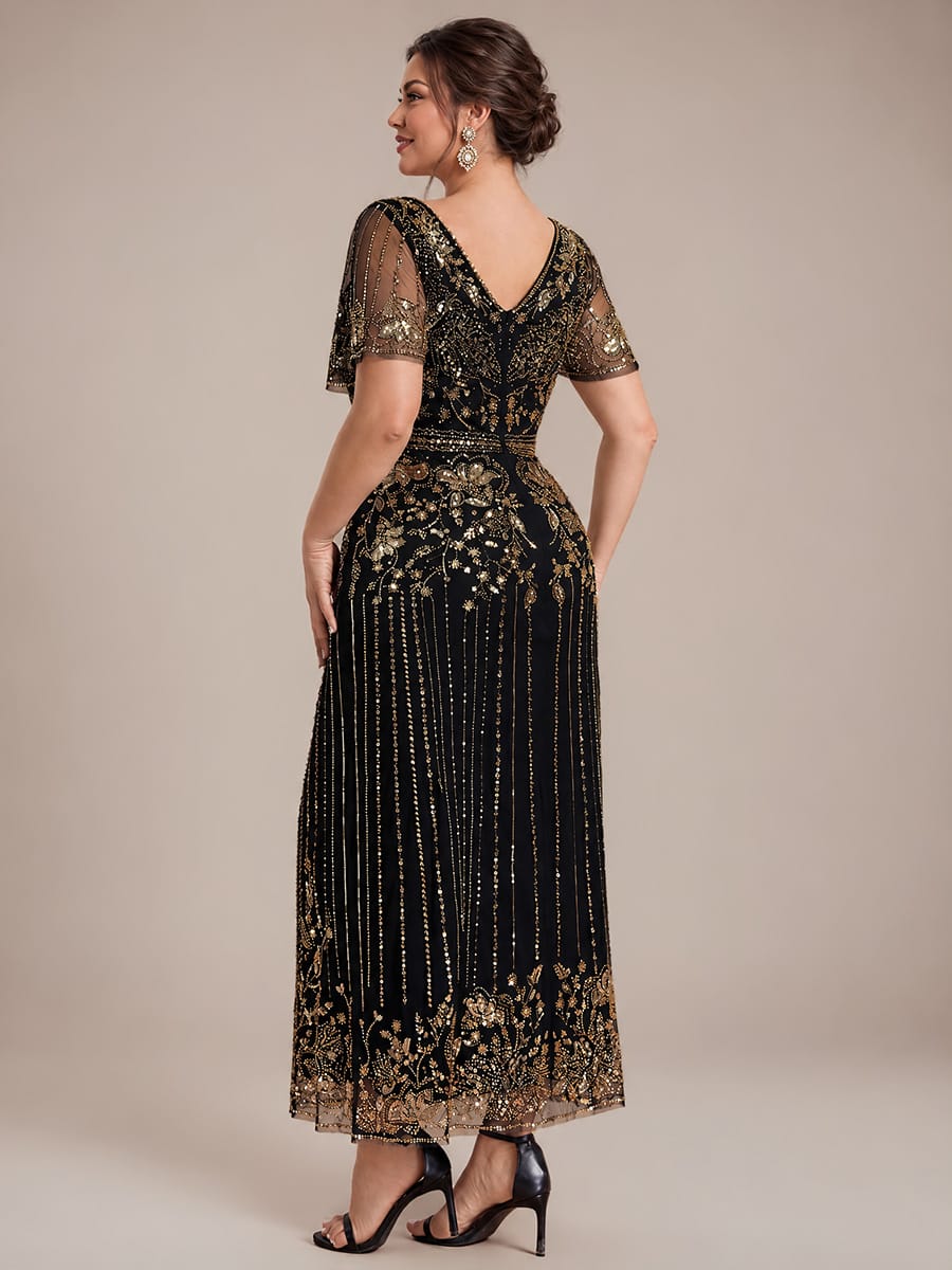 Tulle Maxi Length V-neckline Sheath Ruffle Sleeve Back zipper High Stretch Dress #color_Antique Gold