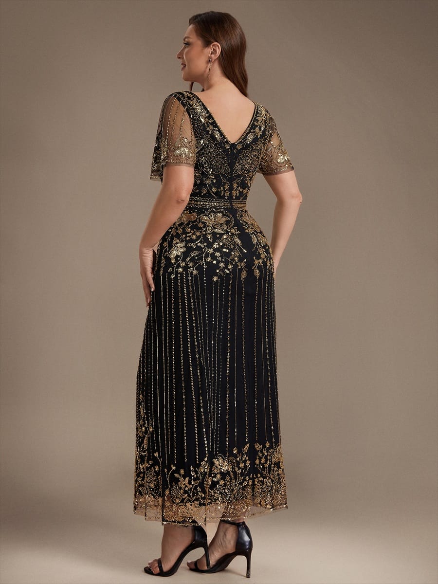 Tulle Maxi Length V-neckline Sheath Ruffle Sleeve Back zipper High Stretch Dress #color_Black & Gold