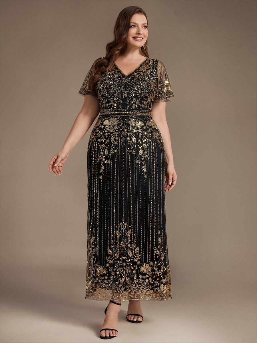 Tulle Maxi Length V-neckline Sheath Ruffle Sleeve Back zipper High Stretch Dress #color_Black & Gold
