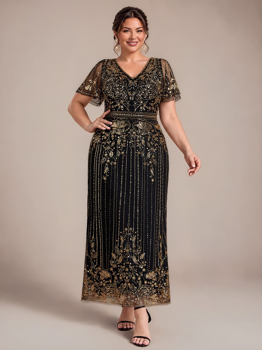 Tulle Maxi Length V-neckline Sheath Ruffle Sleeve Back zipper High Stretch Dress #color_Antique Gold