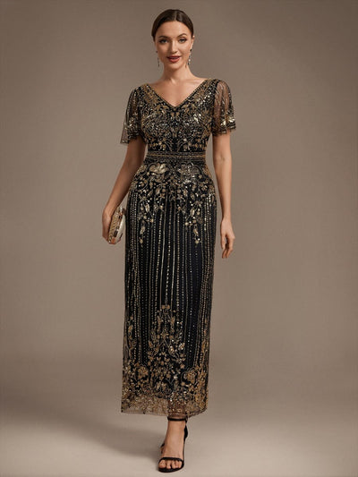 Embellished Tulle Sheath Maxi Cocktail Dress