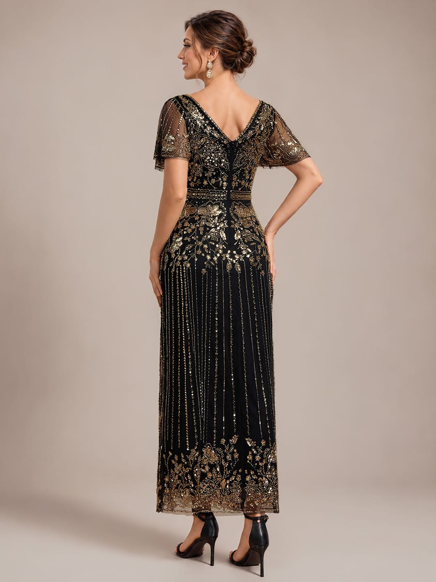 Tulle Maxi Length V-neckline Sheath Ruffle Sleeve Back zipper High Stretch Dress #color_Antique Gold