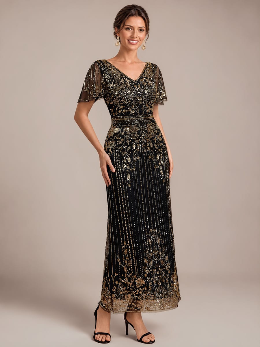 Tulle Maxi Length V-neckline Sheath Ruffle Sleeve Back zipper High Stretch Dress #color_Antique Gold