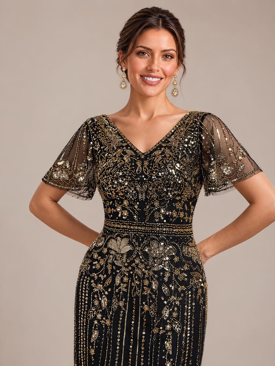 Tulle Maxi Length V-neckline Sheath Ruffle Sleeve Back zipper High Stretch Dress #color_Antique Gold