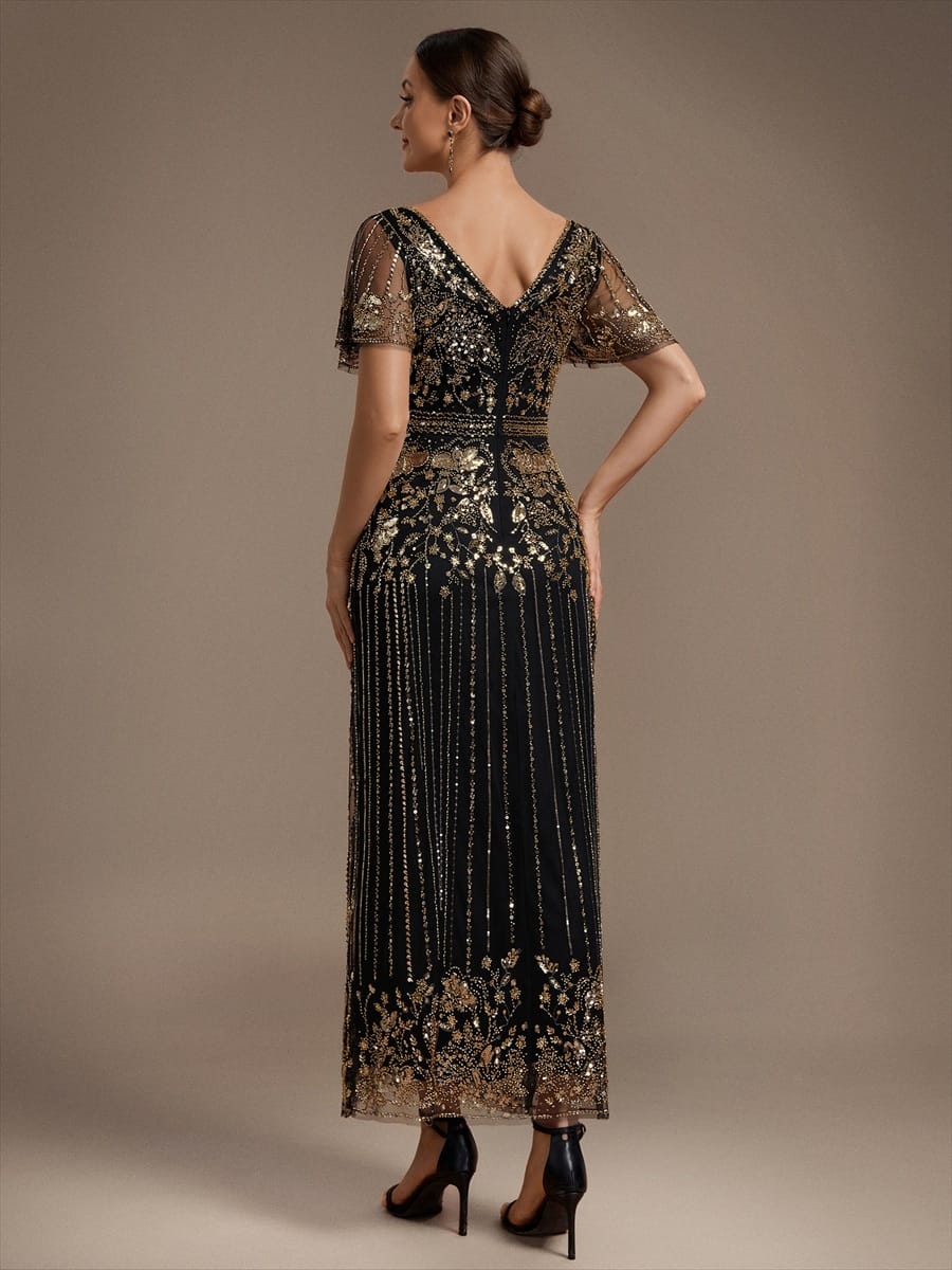 Tulle Maxi Length V-neckline Sheath Ruffle Sleeve Back zipper High Stretch Dress #color_Black & Gold