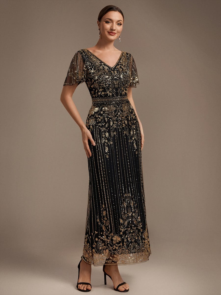 Tulle Maxi Length V-neckline Sheath Ruffle Sleeve Back zipper High Stretch Dress #color_Black & Gold