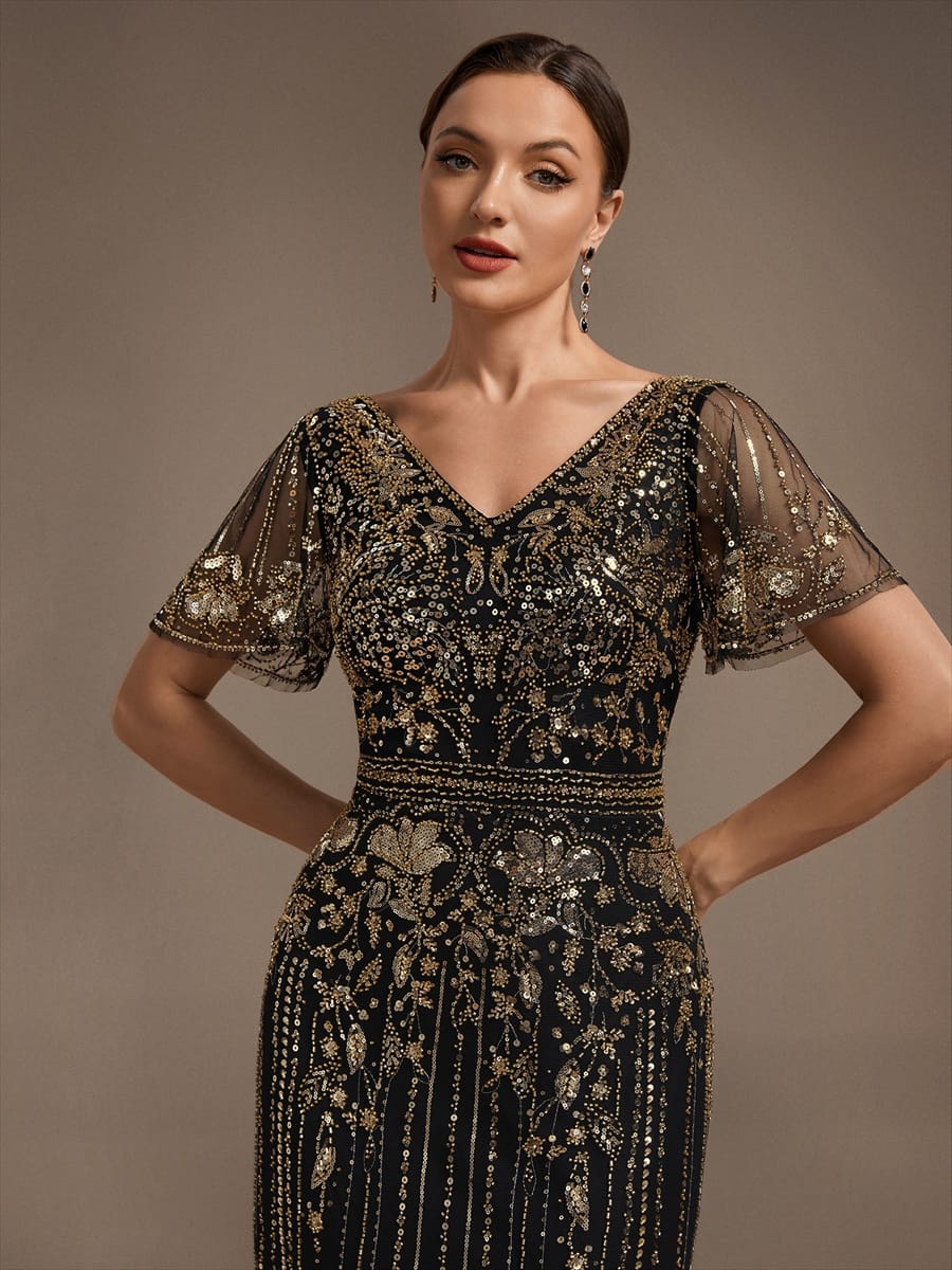 Tulle Maxi Length V-neckline Sheath Ruffle Sleeve Back zipper High Stretch Dress #color_Black & Gold