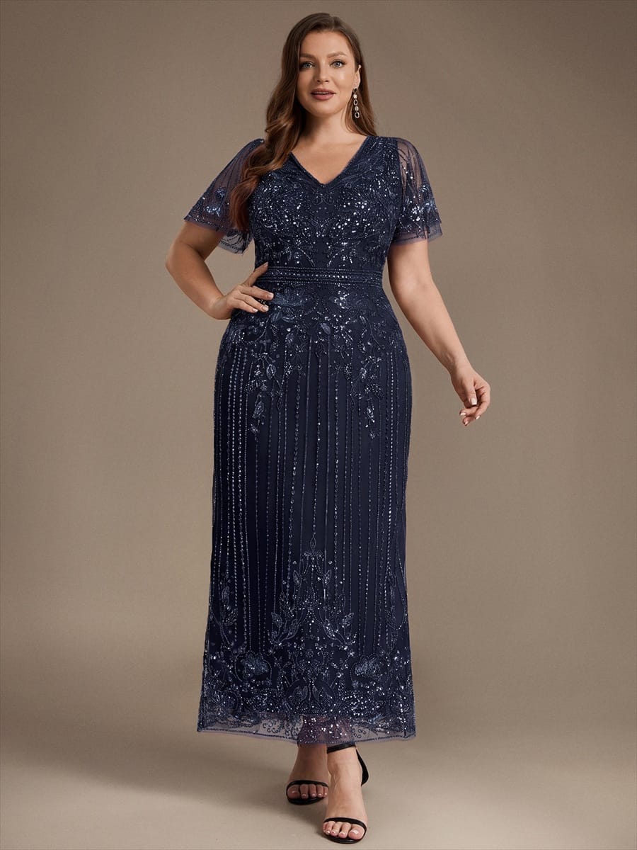 Tulle Maxi Length V-neckline Sheath Ruffle Sleeve Back zipper High Stretch Dress #color_Navy Blue