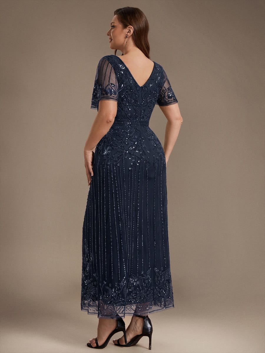 Tulle Maxi Length V-neckline Sheath Ruffle Sleeve Back zipper High Stretch Dress #color_Navy Blue