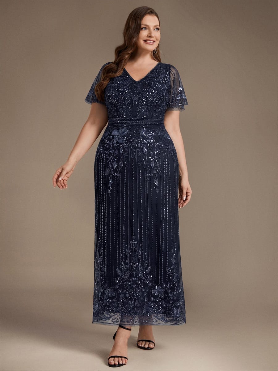 Tulle Maxi Length V-neckline Sheath Ruffle Sleeve Back zipper High Stretch Dress #color_Navy Blue