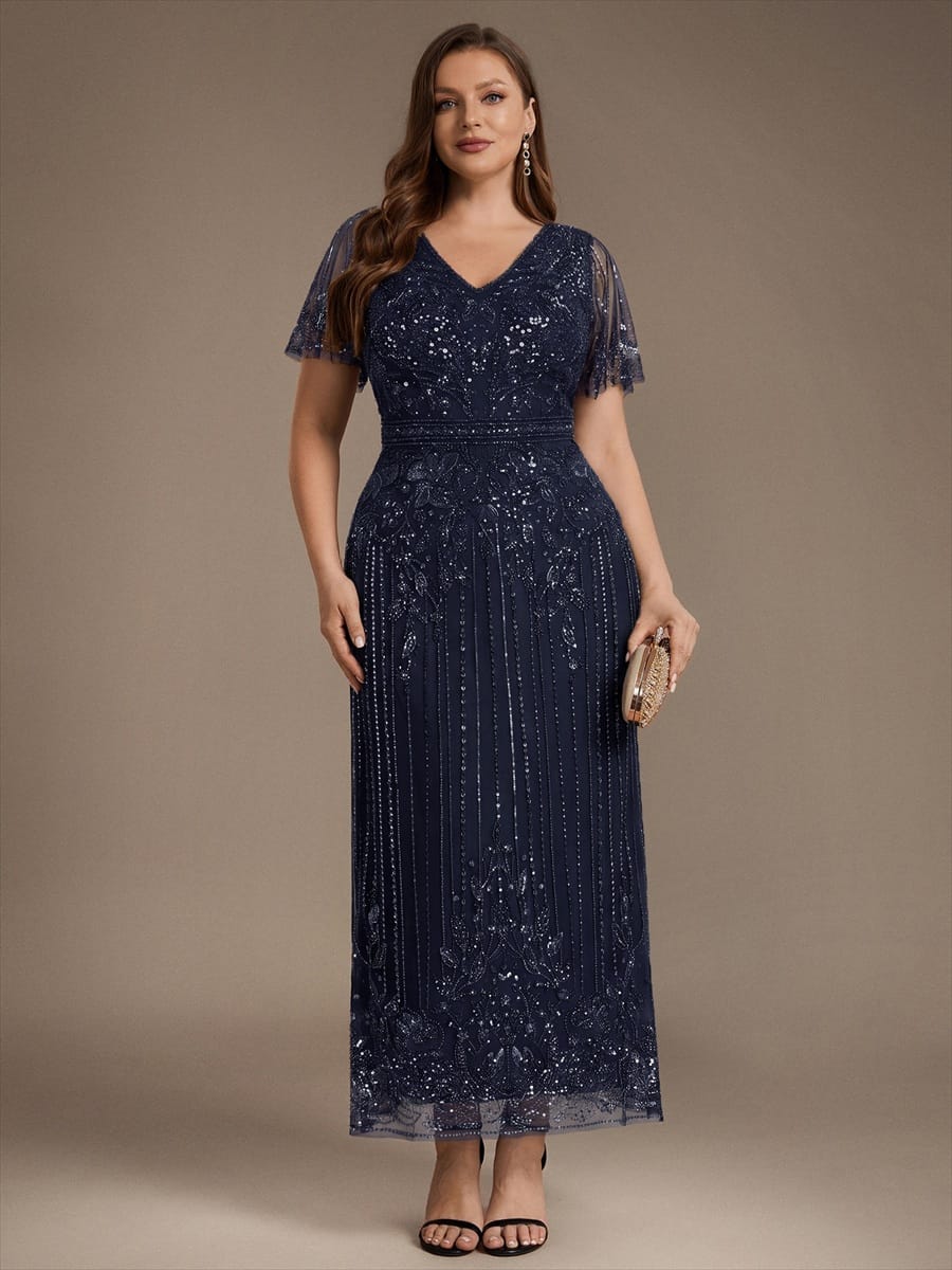 Tulle Maxi Length V-neckline Sheath Ruffle Sleeve Back zipper High Stretch Dress #color_Navy Blue