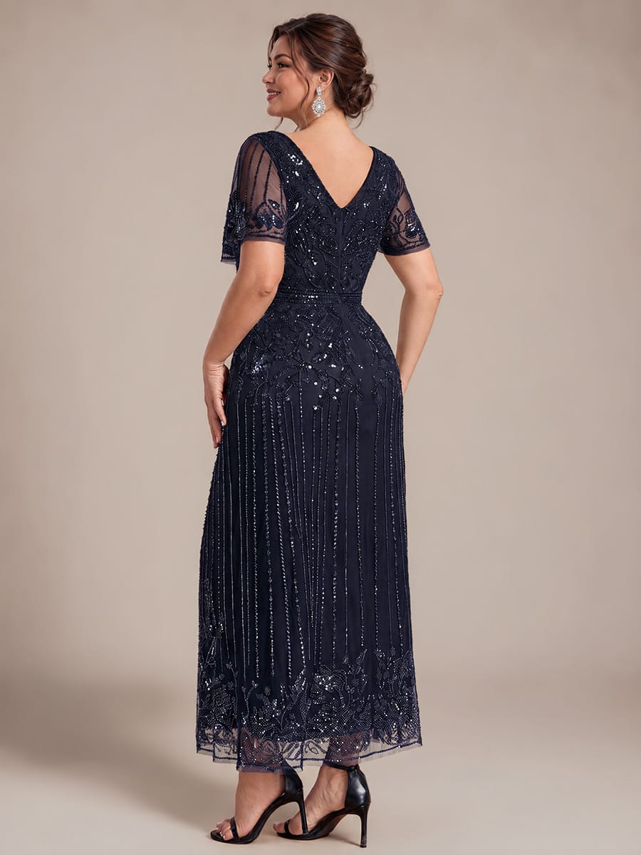 Tulle Maxi Length V-neckline Sheath Ruffle Sleeve Back zipper High Stretch Dress #color_Navy Blue