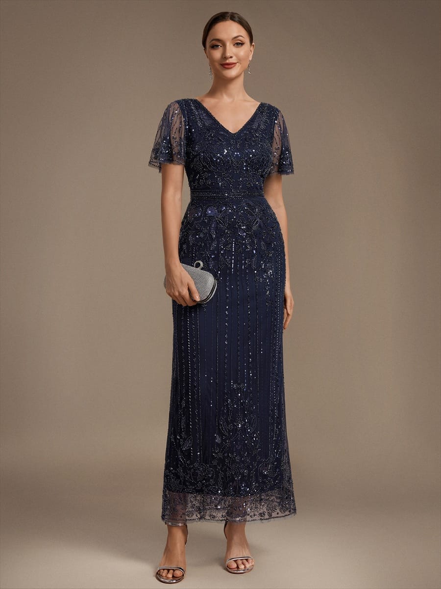 Tulle Maxi Length V-neckline Sheath Ruffle Sleeve Back zipper High Stretch Dress #color_Navy Blue