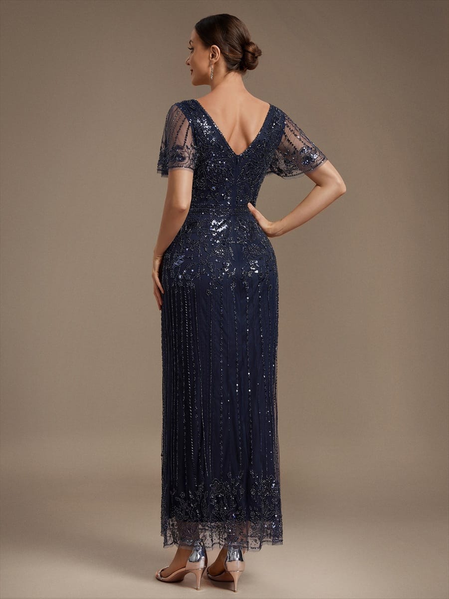 Tulle Maxi Length V-neckline Sheath Ruffle Sleeve Back zipper High Stretch Dress #color_Navy Blue
