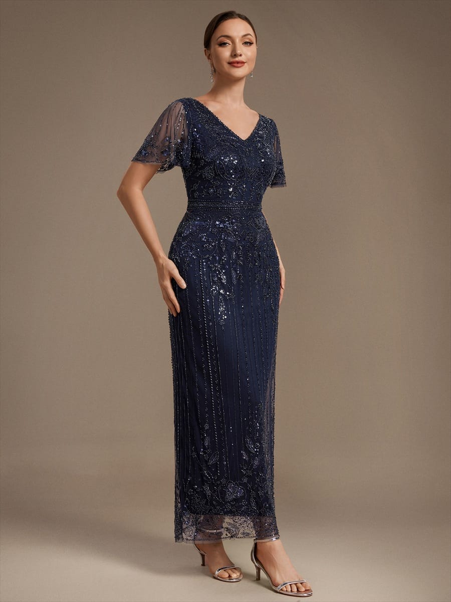 Tulle Maxi Length V-neckline Sheath Ruffle Sleeve Back zipper High Stretch Dress #color_Navy Blue
