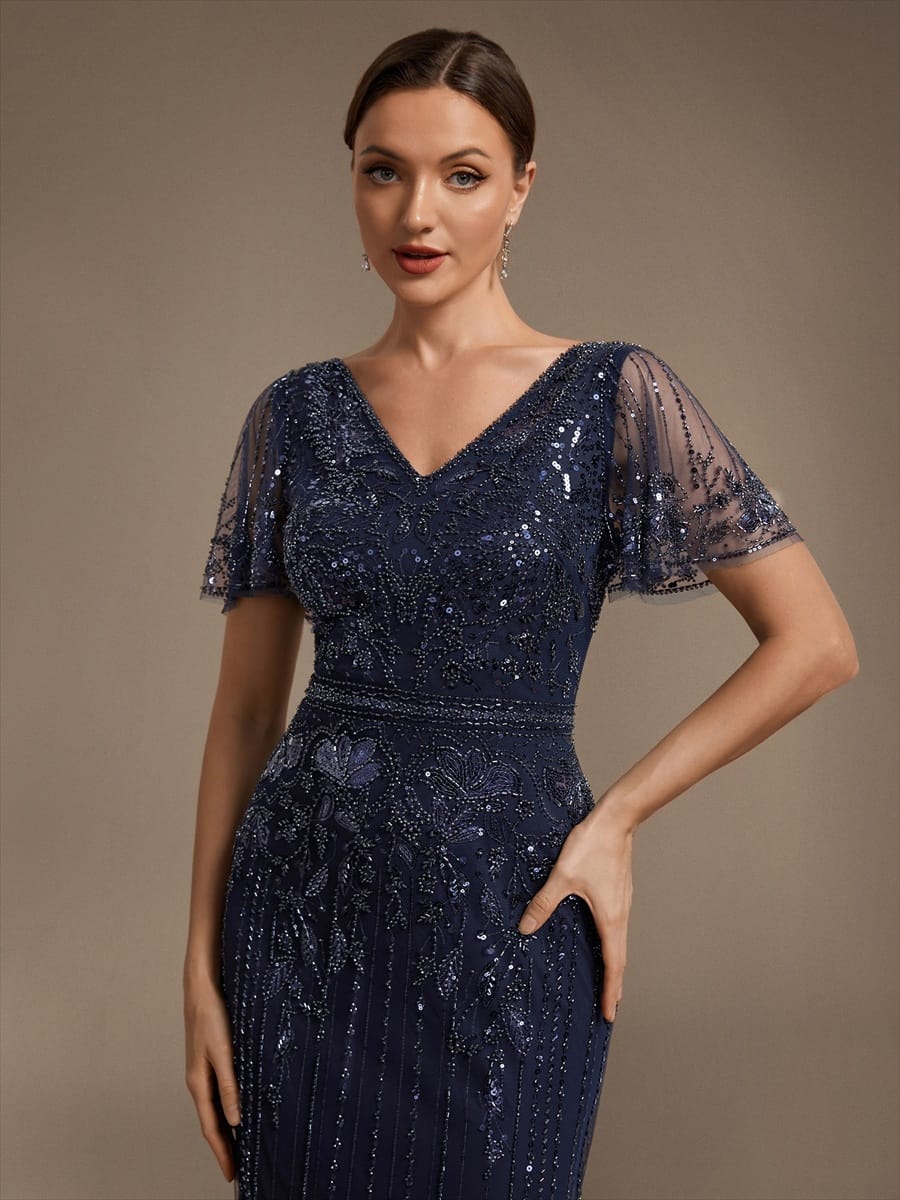 Tulle Maxi Length V-neckline Sheath Ruffle Sleeve Back zipper High Stretch Dress #color_Navy Blue