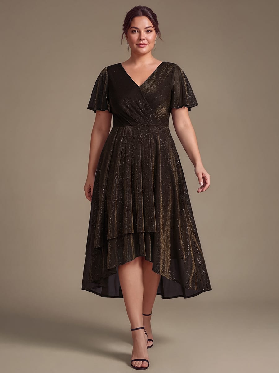 Lurex Mesh Ruffle Sleeve A-line Dress #color_Brown