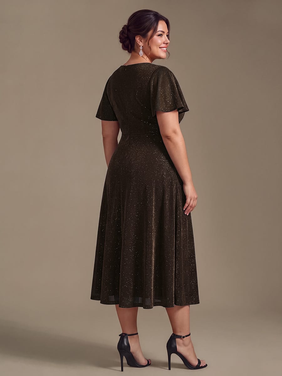 Lurex Mesh Ruffle Sleeve A-line Dress #color_Brown