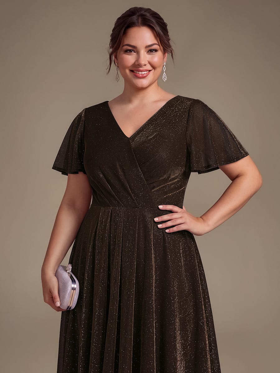Lurex Mesh Ruffle Sleeve A-line Dress #color_Brown