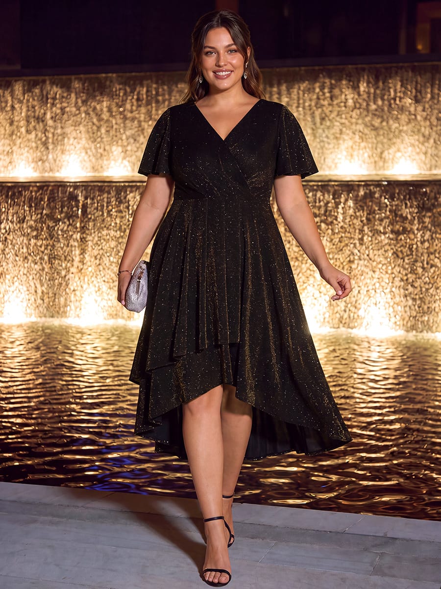 Lurex Mesh Ruffle Sleeve A-line Dress #color_Brown
