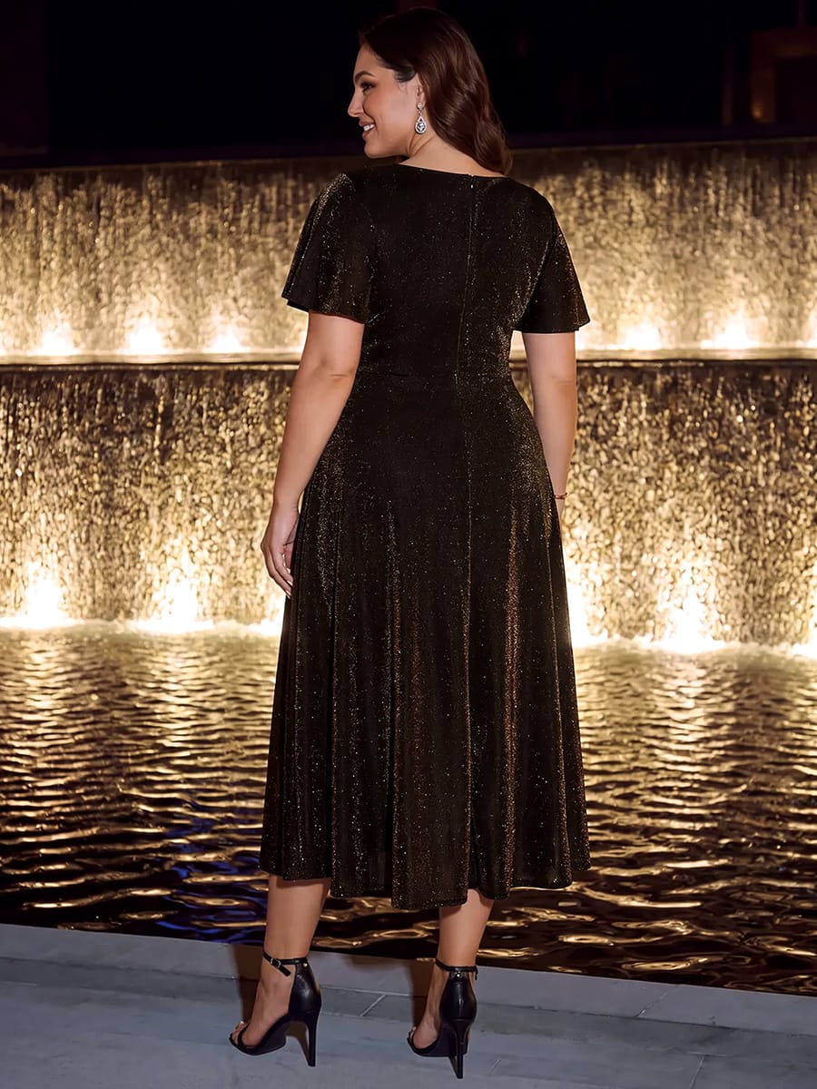 Lurex Mesh Ruffle Sleeve A-line Dress #color_Brown