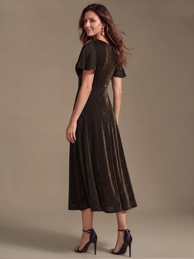 Lurex Mesh Ruffle Sleeve A-line Dress #color_Brown