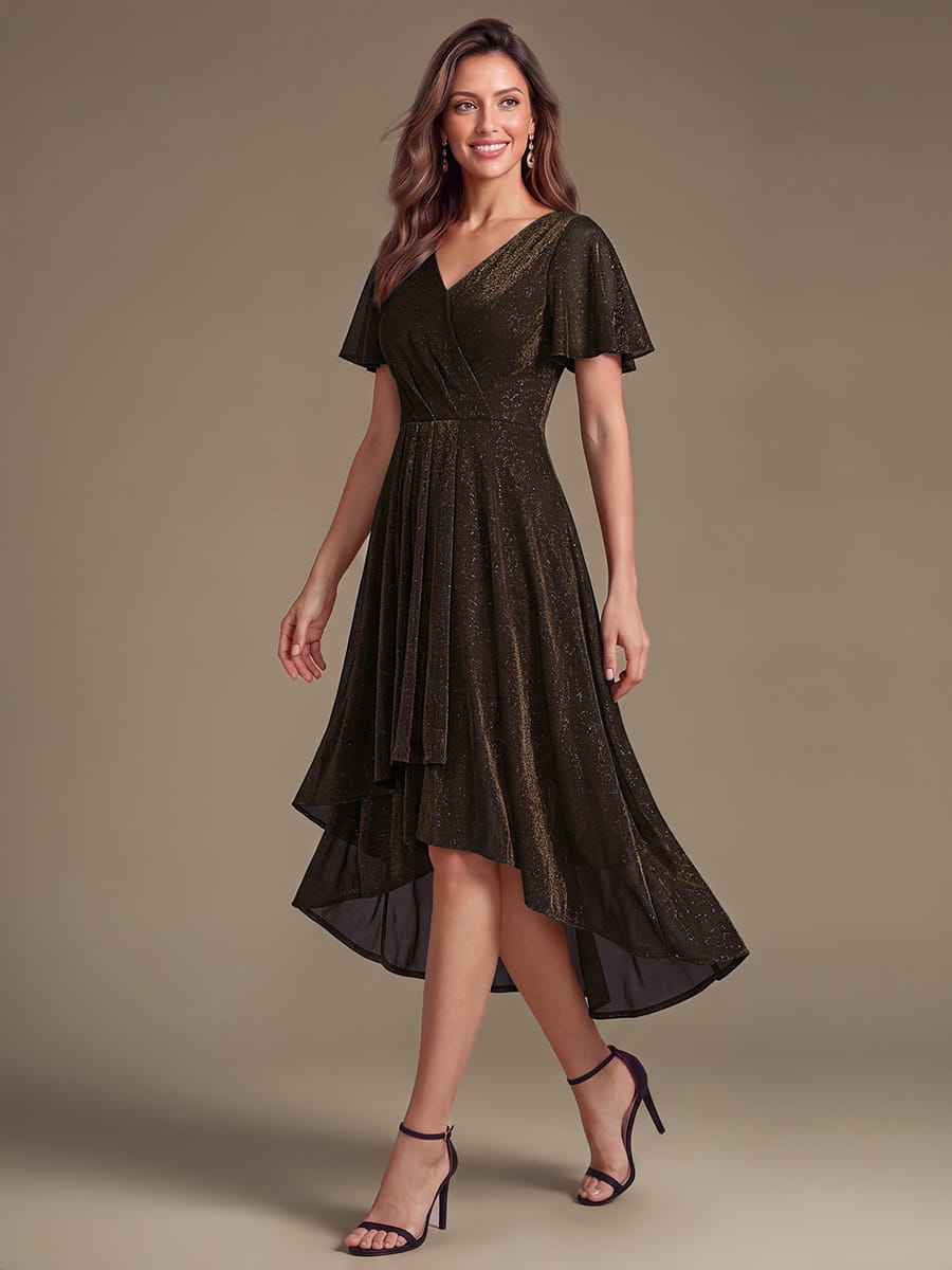 Lurex Mesh Ruffle Sleeve A-line Dress #color_Brown
