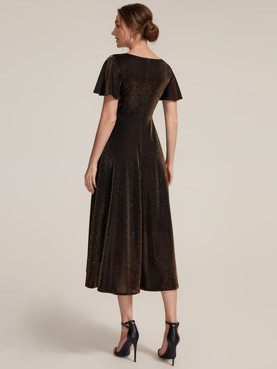 Lurex Mesh Ruffle Sleeve A-line Dress #color_Brown