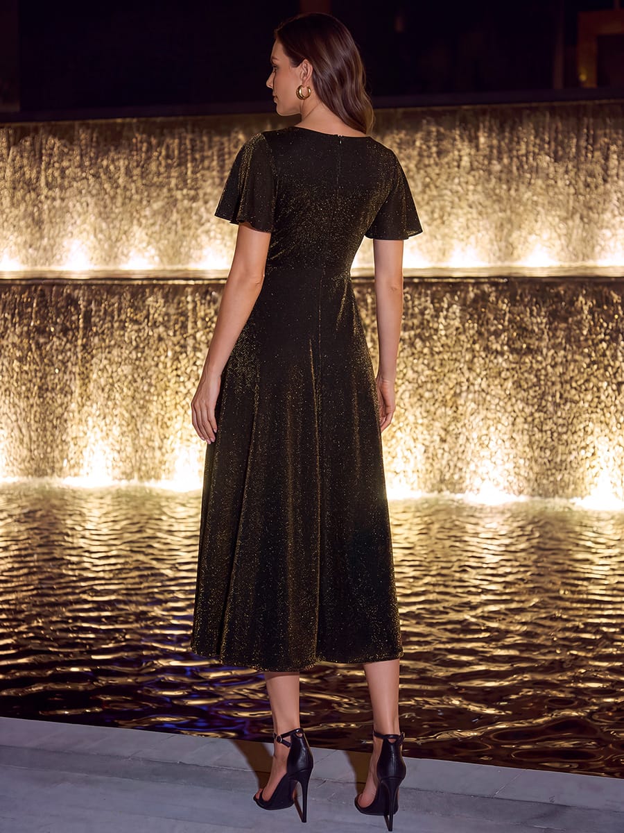Lurex Mesh Ruffle Sleeve A-line Dress #color_Brown