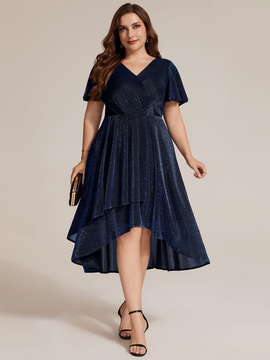 Lurex Mesh Ruffle Sleeve A-line Dress #color_Navy Blue