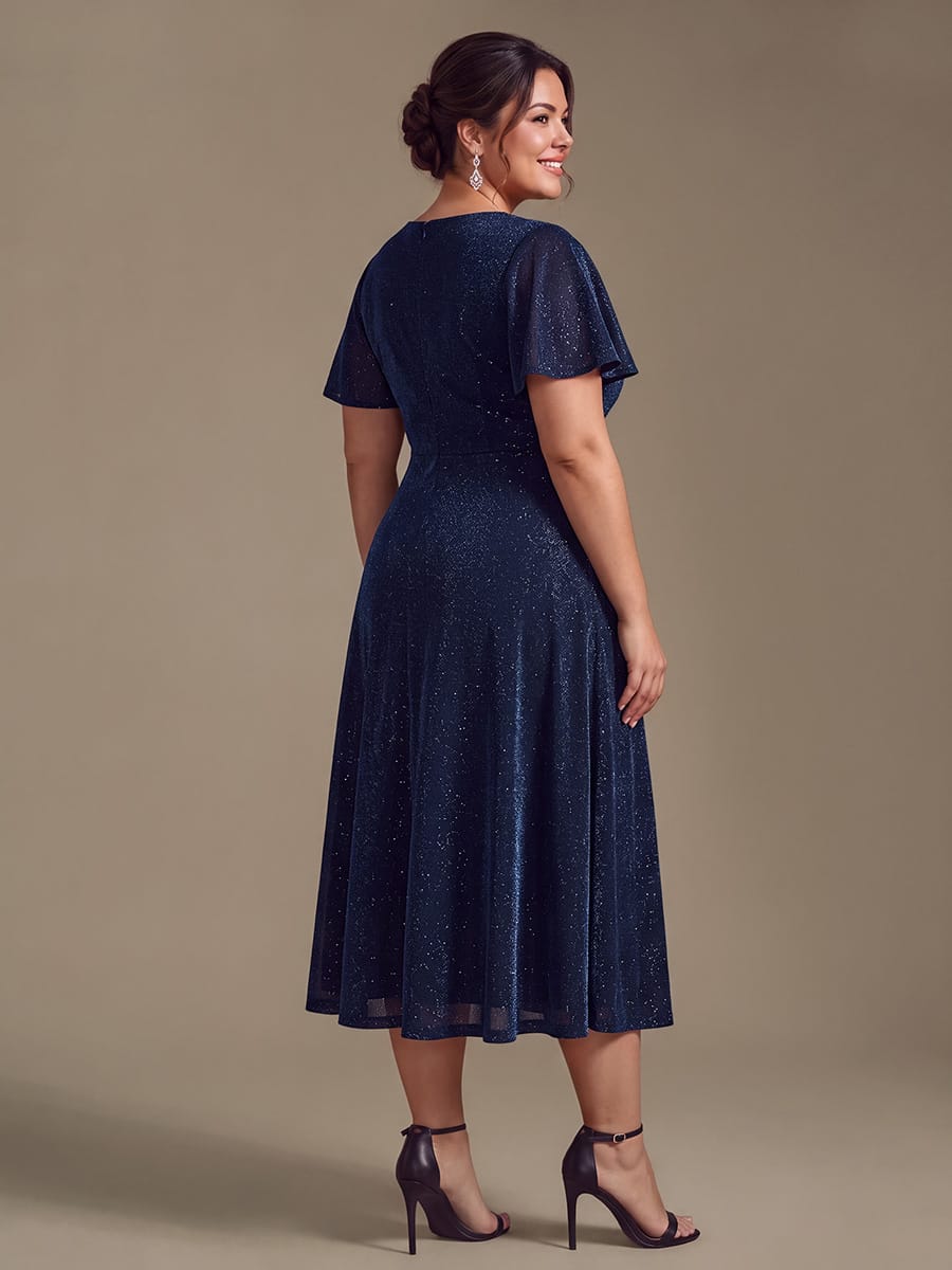 Lurex Mesh Ruffle Sleeve A-line Dress #color_Navy Blue