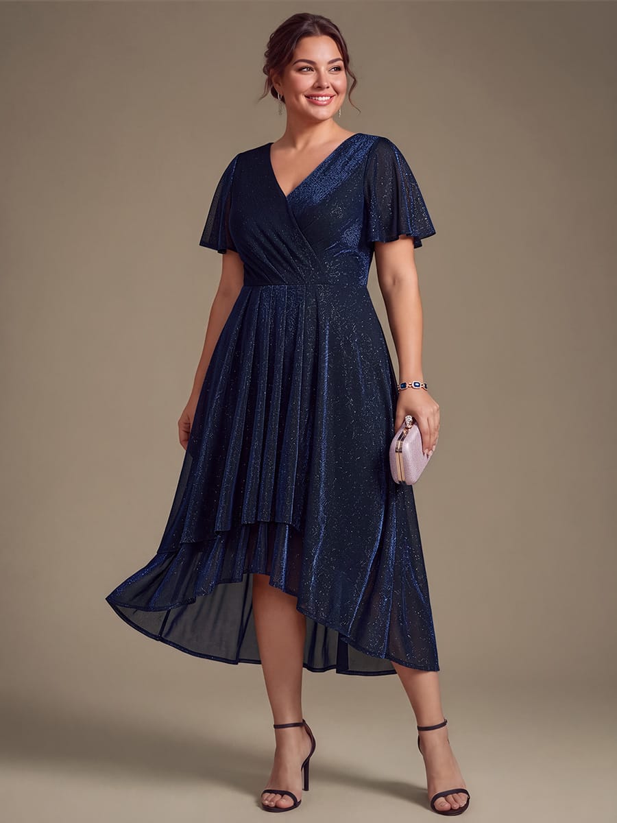 Lurex Mesh Ruffle Sleeve A-line Dress #color_Navy Blue