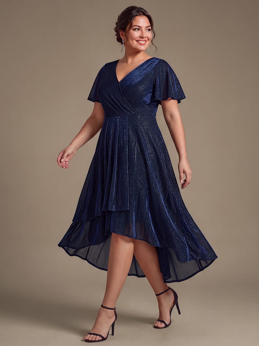 Lurex Mesh Ruffle Sleeve A-line Dress #color_Navy Blue