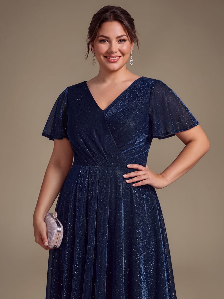 Lurex Mesh Ruffle Sleeve A-line Dress #color_Navy Blue
