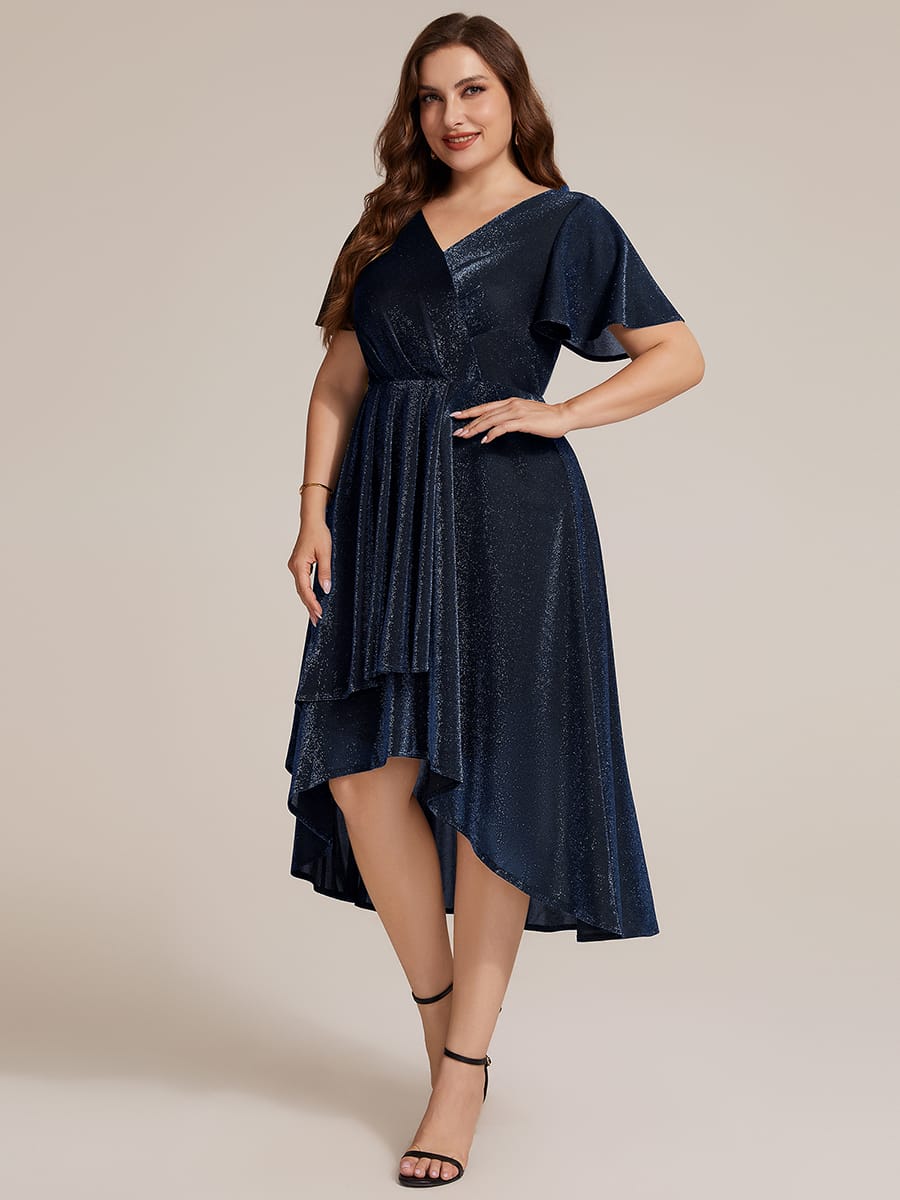 Lurex Mesh Ruffle Sleeve A-line Dress #color_Navy Blue