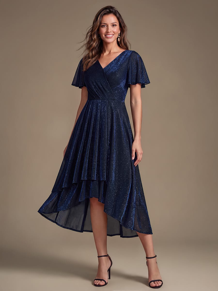 Lurex Mesh Ruffle Sleeve A-line Dress #color_Navy Blue