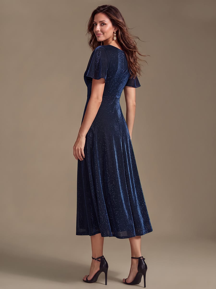 Lurex Mesh Ruffle Sleeve A-line Dress #color_Navy Blue