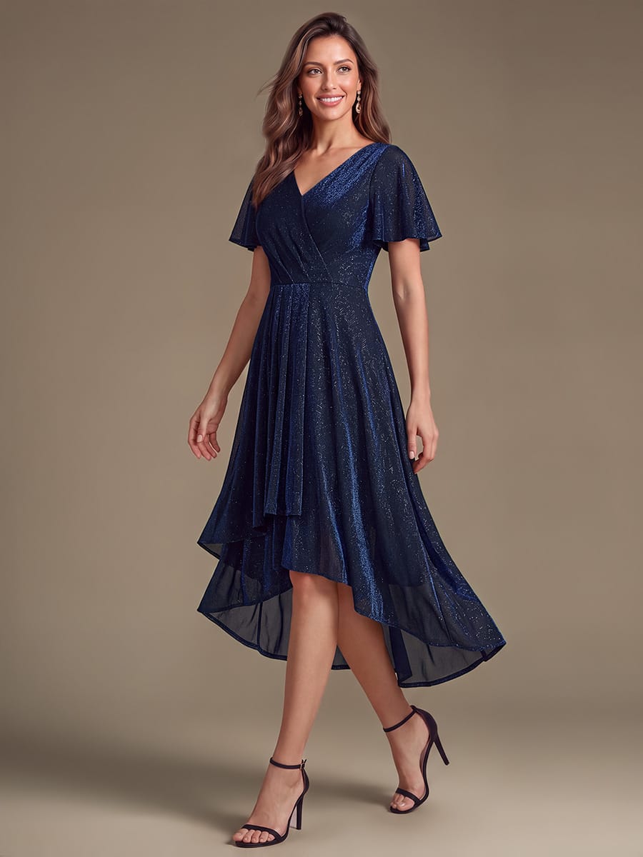 Lurex Mesh Ruffle Sleeve A-line Dress #color_Navy Blue