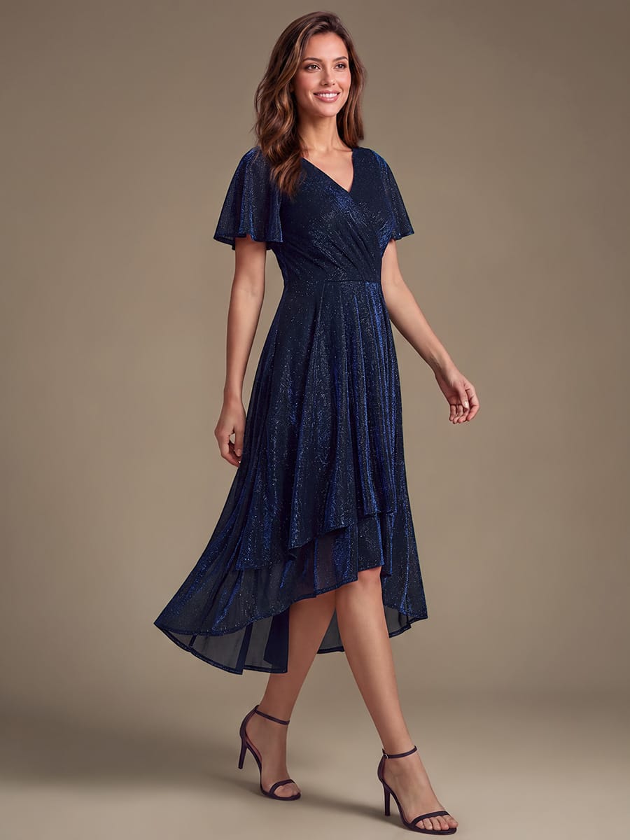 Lurex Mesh Ruffle Sleeve A-line Dress #color_Navy Blue