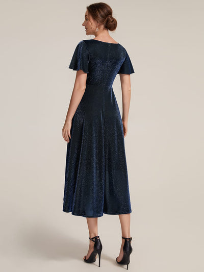 Lurex Mesh Ruffle Sleeve A-line Dress #color_Navy Blue