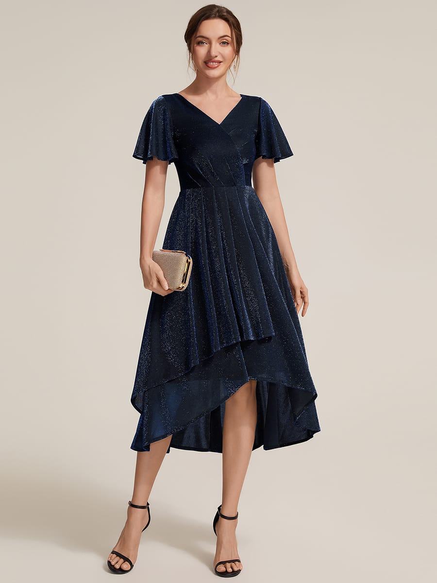 Lurex Mesh Ruffle Sleeve A-line Dress #color_Navy Blue