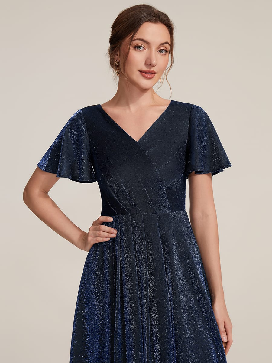 Lurex Mesh Ruffle Sleeve A-line Dress #color_Navy Blue