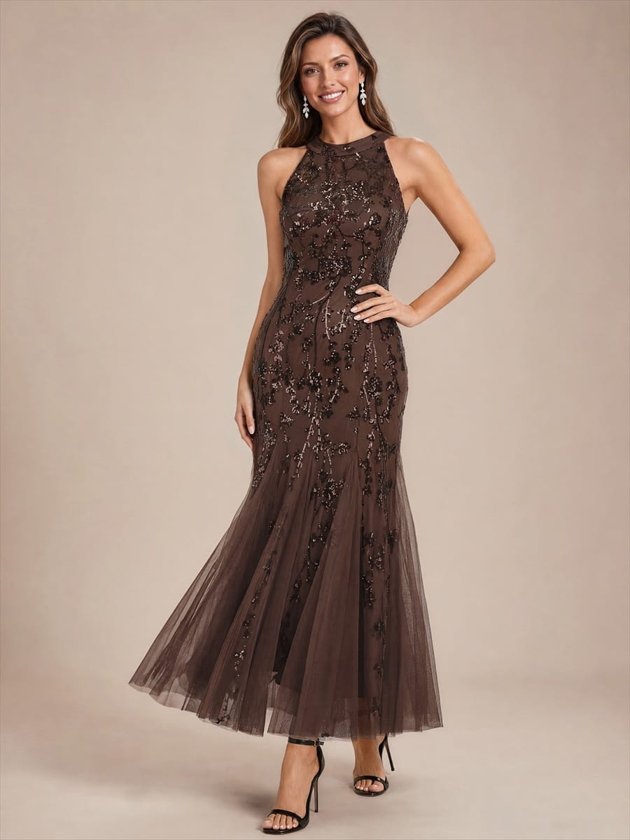 Tiered Tulle Sequin Sleeveless Dress #color_Chocolate Brown